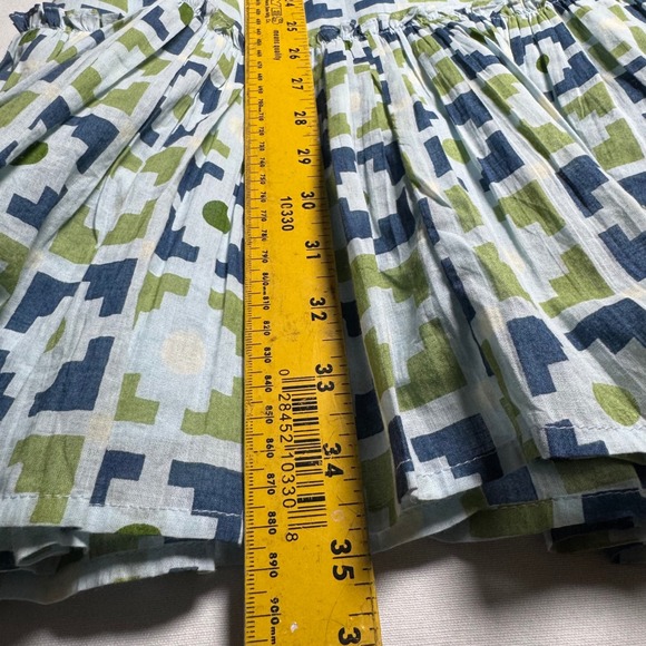 Olivia James The Label Cotton Geometric Print Ruffle Hem Shift Dress BlueGreen S - Picture 9 of 9